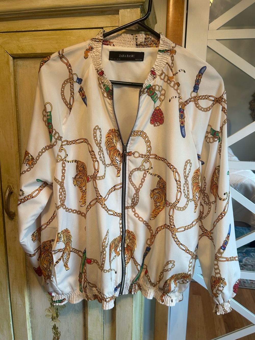 Zara White Bomber Jacket with Gold Chain & Tiger Print